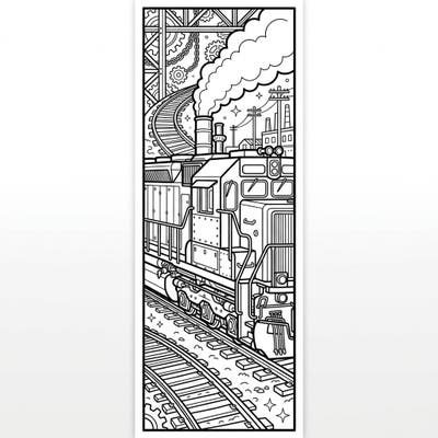 Embark on a creative journey with this intricate diesel train coloring page, perfectly designed to be a unique bookmark. This detailed illustration invites you to add your personal touch to a powerful locomotive, ready to chug through your favorite books.