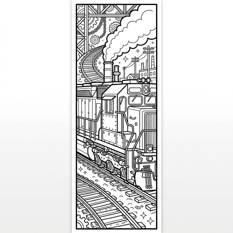 Embark on a creative journey with this intricate diesel train coloring page, perfectly designed to be a unique bookmark. This detailed illustration invites you to add your personal touch to a powerful locomotive, ready to chug through your favorite books.