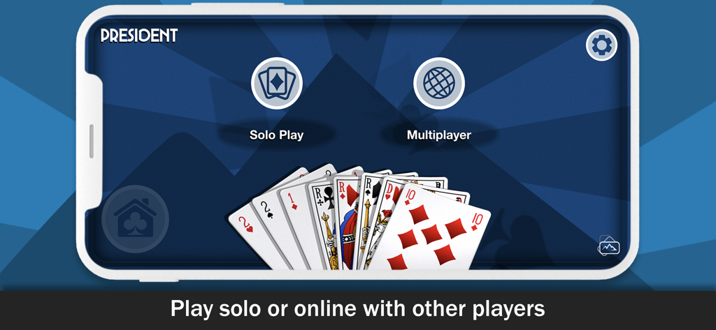 Pantalla de inicio del juego de cartas Presidente con opciones de juego en solitario y multijugador