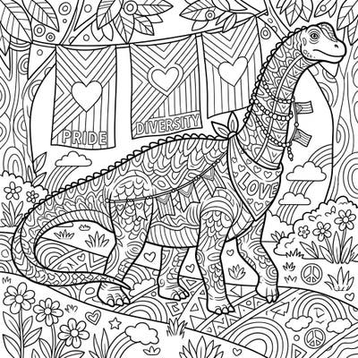 Unleash your creativity with this detailed Camarasaurus coloring page, celebrating Pride and diversity. Perfect for teens, this intricate design combines prehistoric charm with vibrant symbols of love and community.
