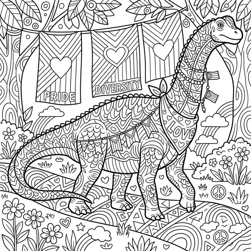 Unleash your creativity with this detailed Camarasaurus coloring page, celebrating Pride and diversity. Perfect for teens, this intricate design combines prehistoric charm with vibrant symbols of love and community.