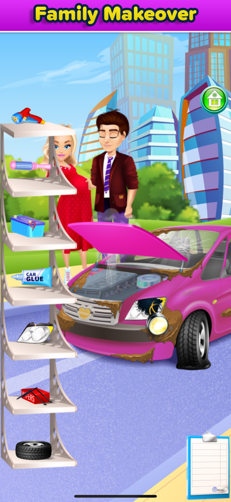 Mommy's New Baby Girl Game - A pregnant mother and father standing next to a broken pink car that needs fixing