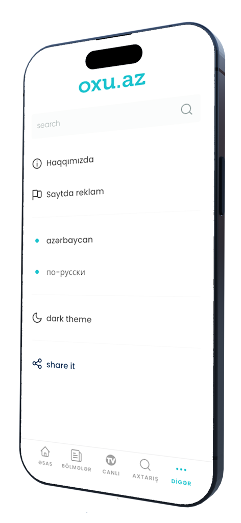 Settings menu of the Oxu.Az news app on an iPhone showing language selections and dark theme toggle