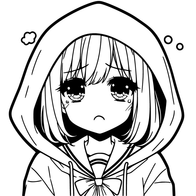 sad anime girl with a mouth and a hood