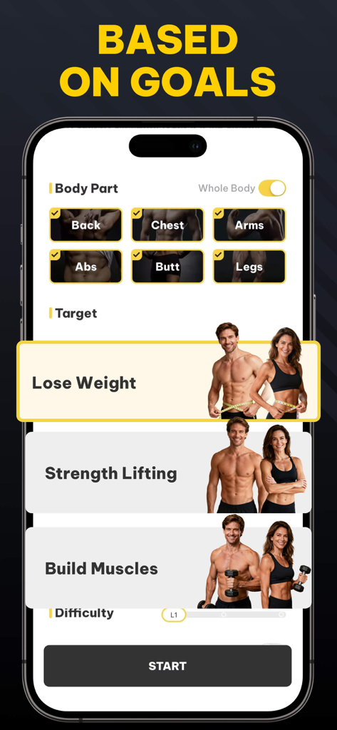 Muscle Monster Workout Planner - A smartphone screen displaying the Muscle Monster app goal selection interface with options for body parts and fitness targets like building muscle.