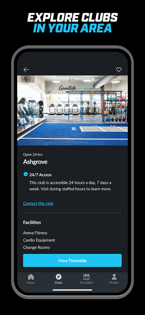 Captura de pantalla de la aplicación Goodlife Health Clubs mostrando las instalaciones del gimnasio y las opciones de horario para la ubicación de un club específico