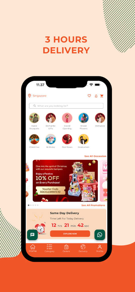 FlowerAdvisor - Flowers & Gift - FlowerAdvisor app interface showing home screen categories and three hour delivery service