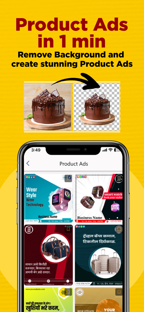 AdBanao: Poster & Video Maker - スマートウォッチやバッグの製品写真の背景削除とさまざまな広告テンプレートを示すAdBanaoアプリのモバイル画面。