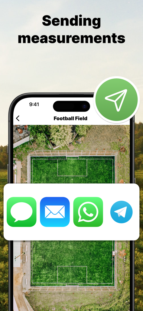 A smartphone screen displaying options to share land measurements from the Field Area Measure app via messaging and email