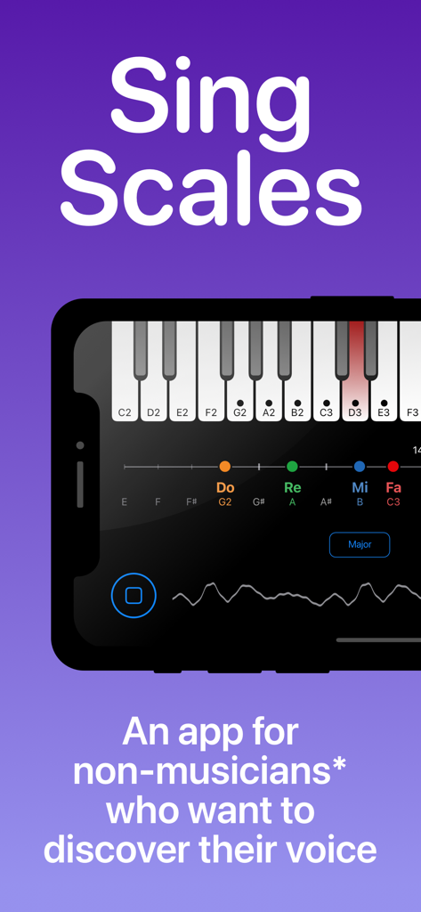 Sing Scales - Interfaz de la aplicación Sing Scales que muestra teclas de piano y notas de solfeo para práctica vocal.