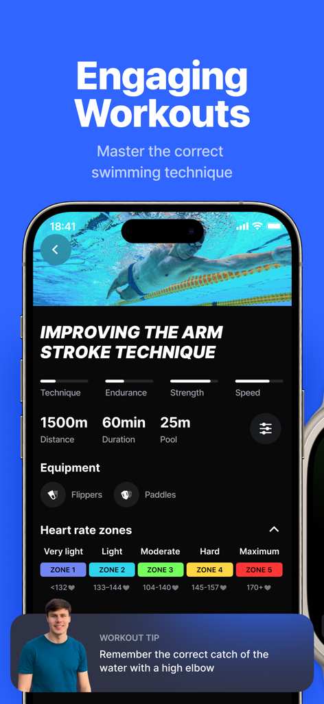 SwimUp: Swimming Workouts App - SwimUp app screen showing a structured swimming workout for arm stroke technique with heart rate zones and metrics
