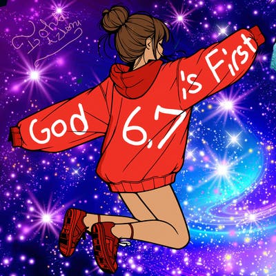 realistic girl jumping with a bun and oversized sweatshirt