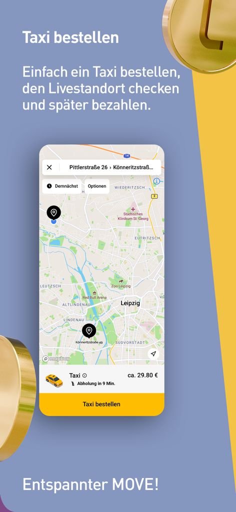 LeipzigMOVE mobile App-Bildschirm zeigt eine Karte für Taxibuchungen mit geschätzter Abholzeit und Preis