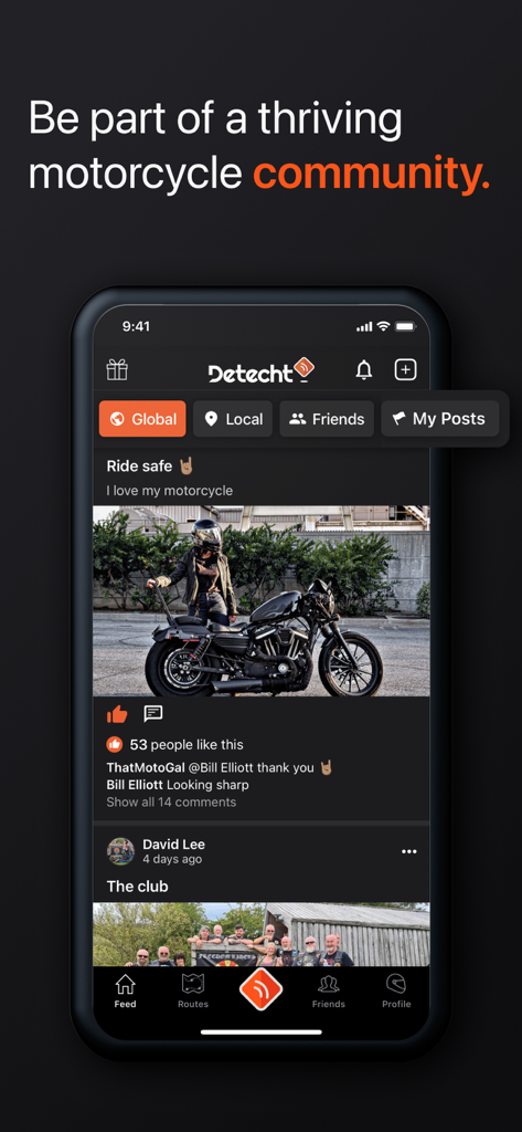 Detecht - Motorcycle App & GPS - Social-Feed der Detecht Motorrad-App, der Fahrerbeiträge und Community-Interaktionen zeigt