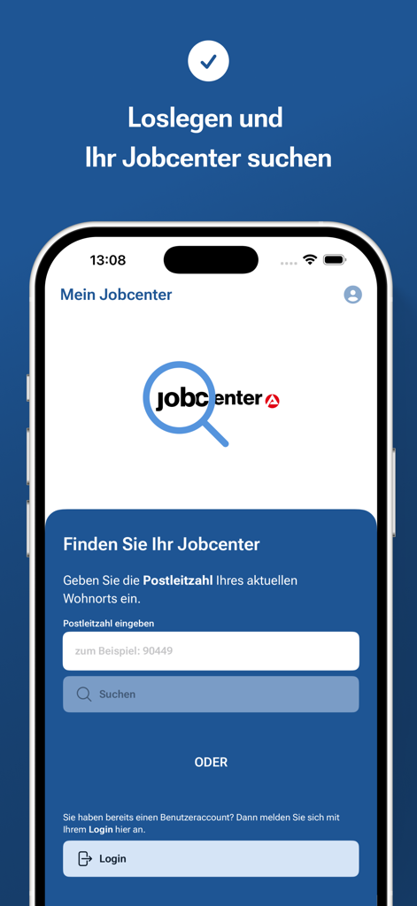 Jobcenter-App - 우편번호 입력 필드와 로그인 버튼이 있는 Jobcenter 앱 검색 화면