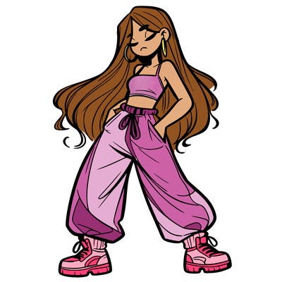 girl in baggy pants crop top and long hair