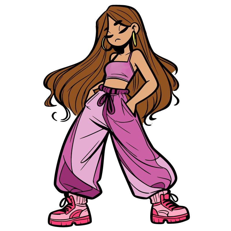 girl in baggy pants crop top and long hair