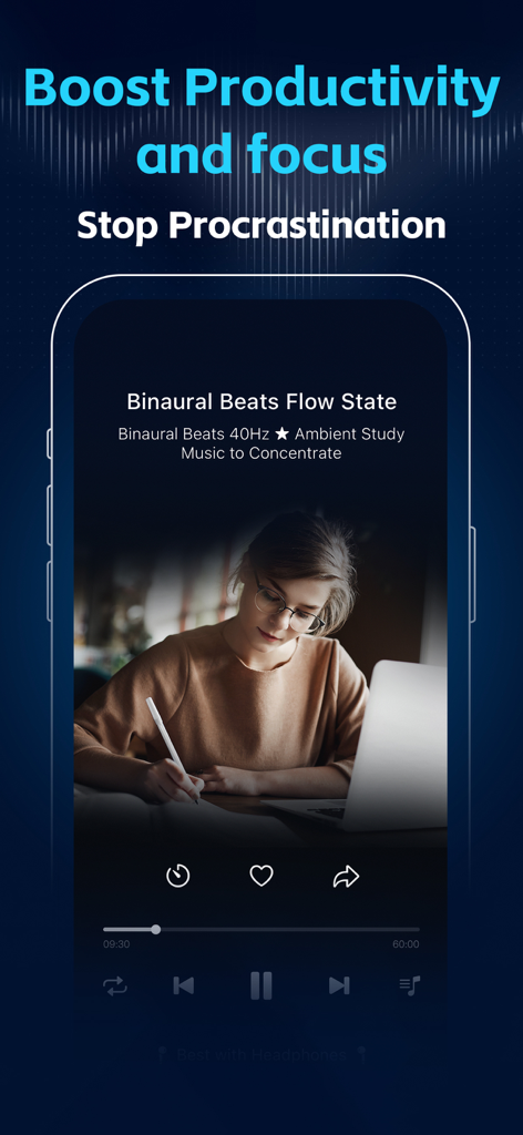 Binaural Beats: Sleep & Focus - Captura de pantalla de una aplicación móvil que muestra una interfaz de reproductor de música de concentración y productividad con una mujer estudiando.