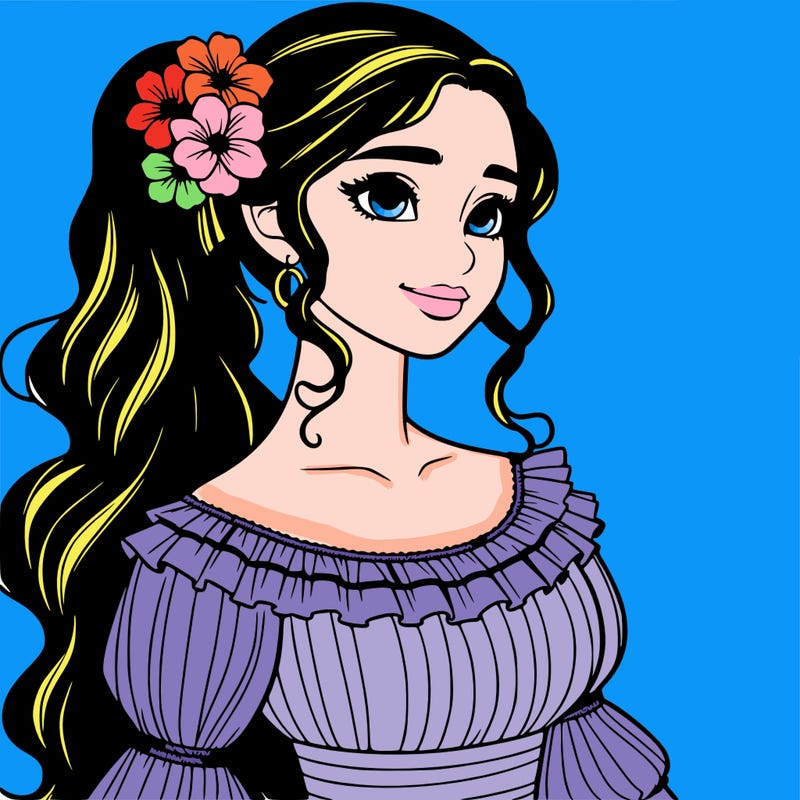 a single latina woman with a side ponytail and a long dress with ruffles. she has a few discreet flowers in her hair. realistic