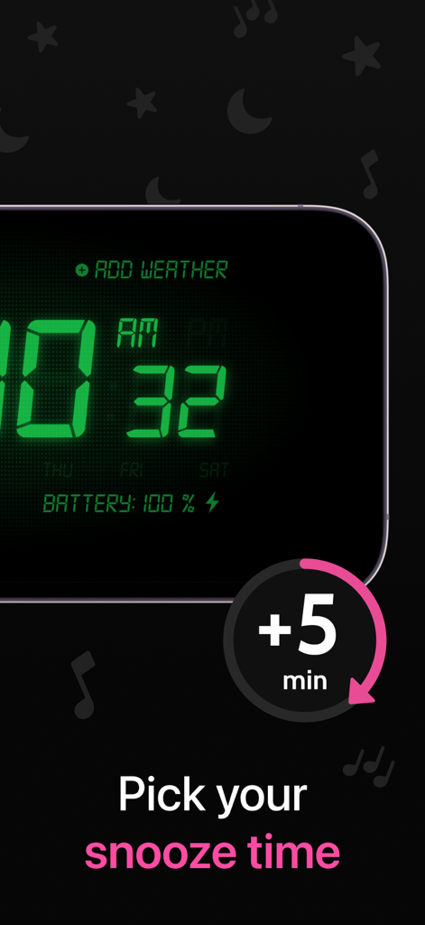 Digital green clock display showing a five minute snooze time selection button