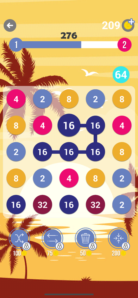 Gameplay of 248 Number Connect showing a grid of numbered dots with a tropical sunset and palm tree background