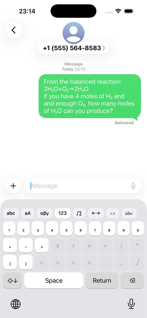 Scientific symbols keyboard being used to type a chemical formula in a chat app
