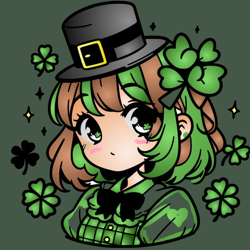 a manga-style girl with clovers around her, a little hat in her hair, like it's saint patrick's day