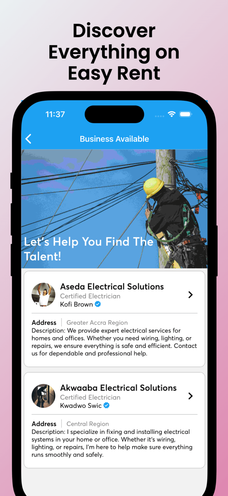Easy Rent Ghana: Homes & more - Easy Rent Ghana app interface showing a list of certified electrical contractors and service professionals available in Ghana.