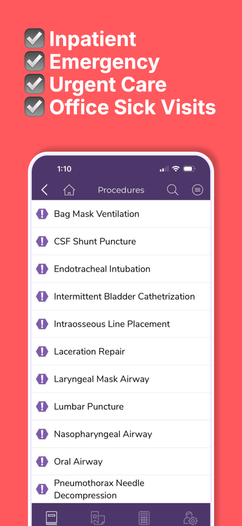 Interface do aplicativo Sanford Guide Pediátrico mostrando uma lista de procedimentos clínicos para cuidados de internação e de emergência.