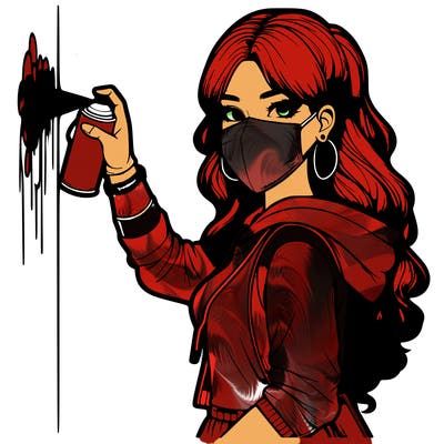 realistic girl with mask spray painting a wall