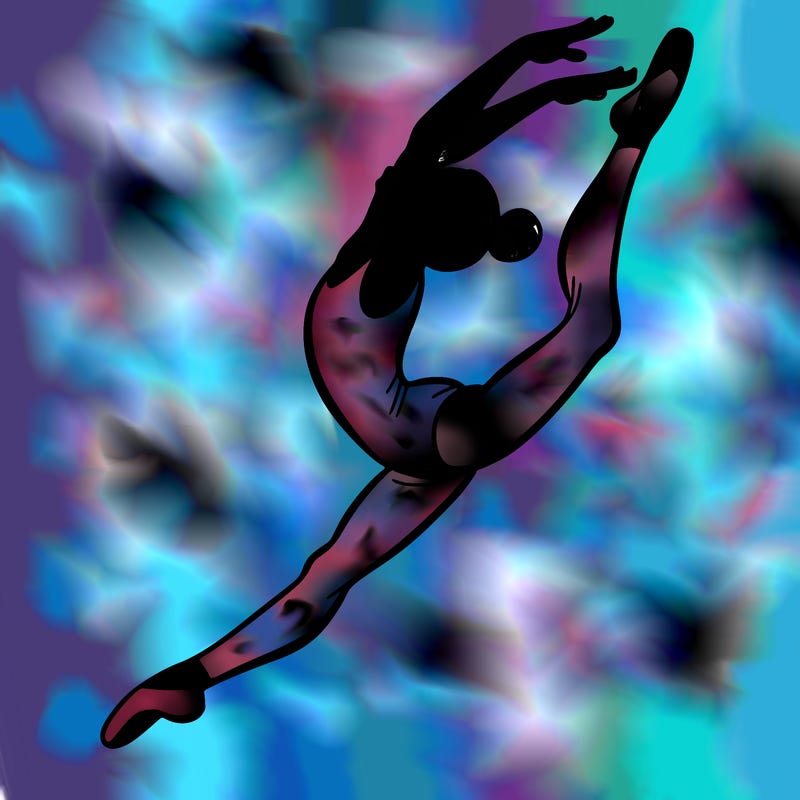 gymnast doing a leap in a leotard with a bent back leg