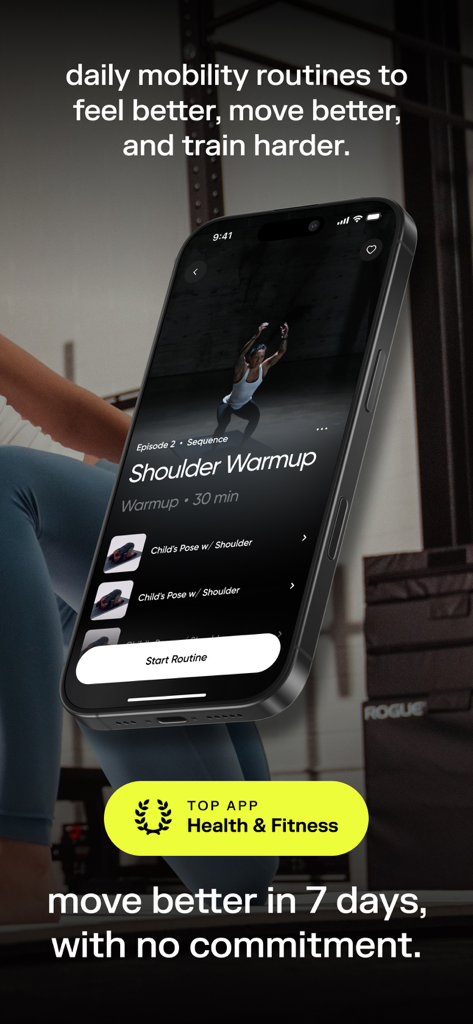 pliability: stretch + mobility - A smartphone displaying the pliability app interface with a guided shoulder warmup routine and mobility exercises