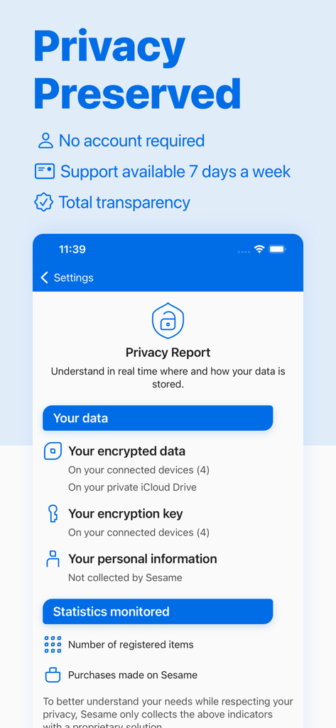 Sésame secure Password Manager - Schermata del Report sulla Privacy di Sesame Password Manager che mostra come i dati dell'utente e le chiavi di crittografia vengono archiviati localmente