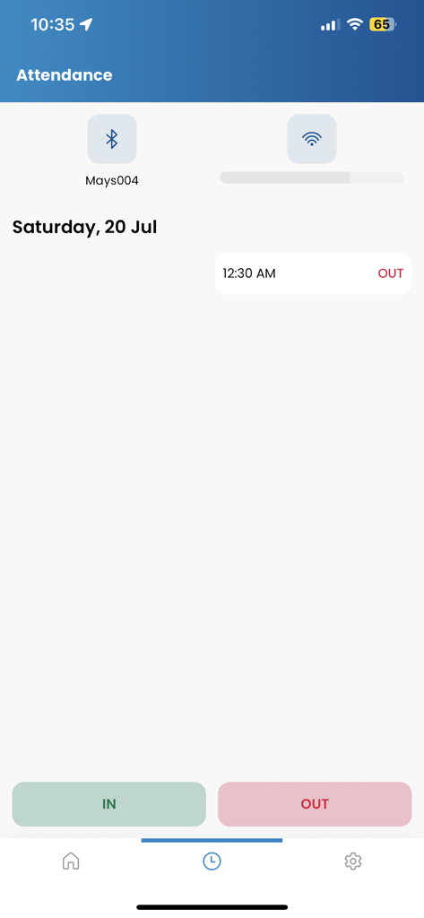 Attendance tracking screen in the Rymnet HRMS mobile app showing clock in and out options