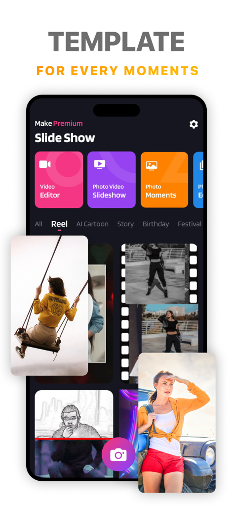 Mobile app interface for SlideShow Maker showing video editor and photo slideshow templates.