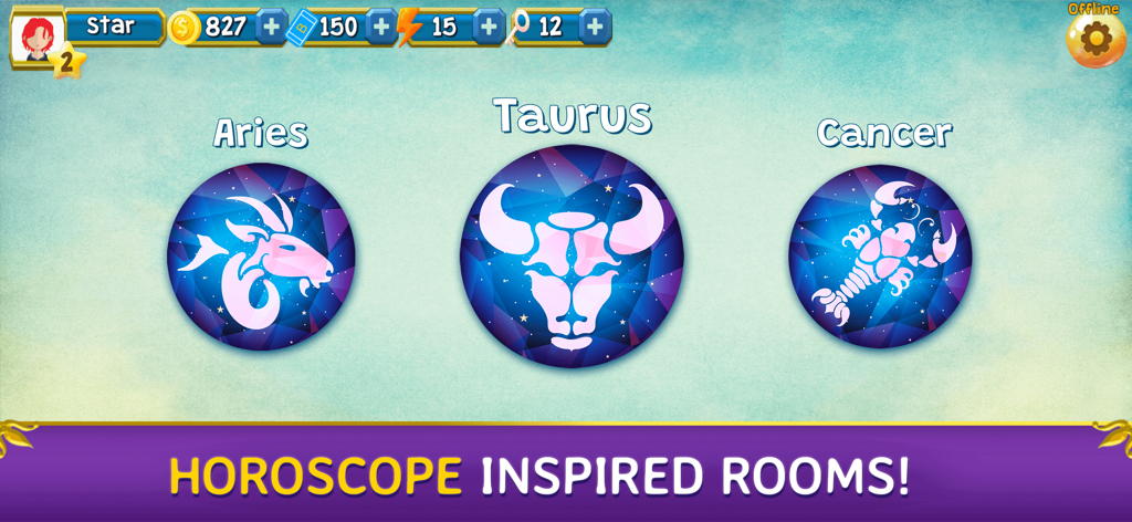 Zodi Bingo Live & Horoscope - 양자리, 황소자리, 게자리와 같은 별자리에서 영감을 받은 다양한 조디 빙고 방을 보여주는 게임 플레이 화면