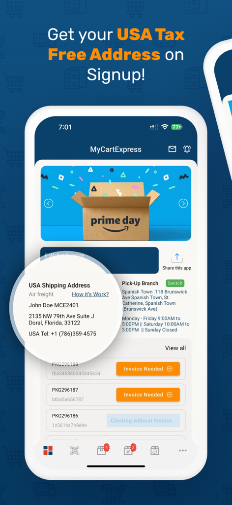 Mycart Express - Mycart Express App-Dashboard, das eine USA-Versandadresse und die Paketstatusverfolgung für jamaikanische Benutzer anzeigt