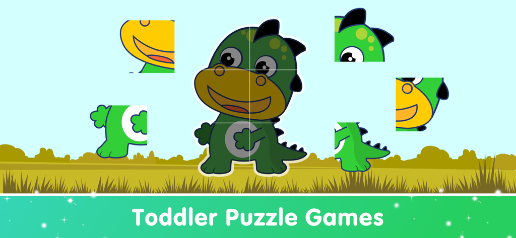 Kids Toddlers Learning Games - A green dinosaur puzzle activity for toddlers within the EduKid learning app