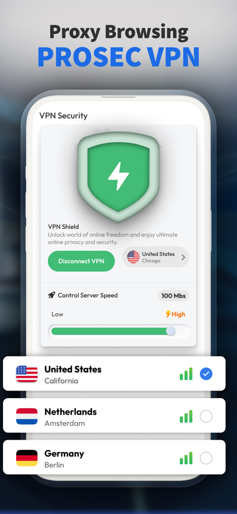 Hacker Protection, Private VPN - Interface of Prosec Mobile showing private VPN connection with server locations and speed control.
