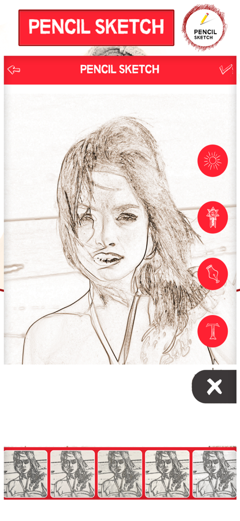 iSketch - Pencil Sketch Effect - Screenshot of the iSketch app showing a woman's portrait transformed into a pencil sketch with editing icons and filter options