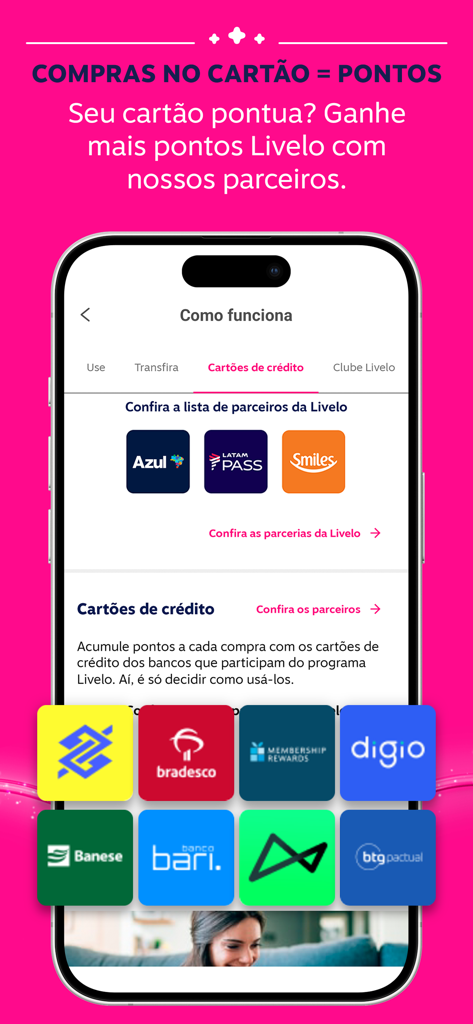 Livelo: pontos no cartão e + - Pantalla de la aplicación Livelo que muestra a los socios de recompensas de tarjetas de crédito y aerolíneas
