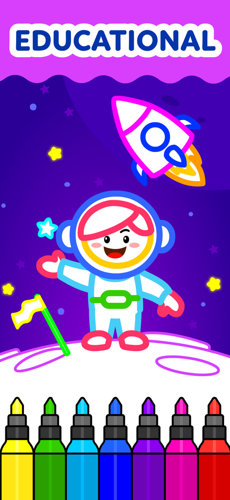 Educational space coloring game featuring an astronaut on the moon with colorful markers