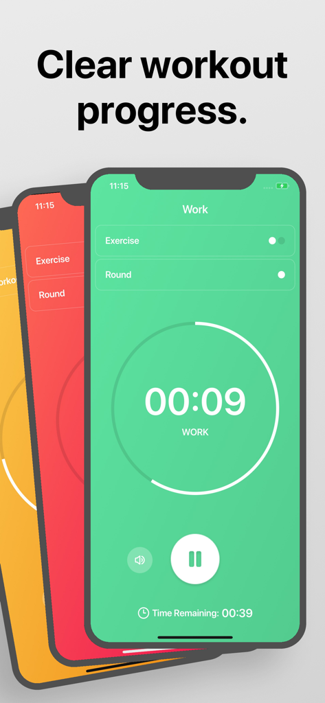 Interval Timer app interface showing a countdown timer and workout progress on an iPhone screen