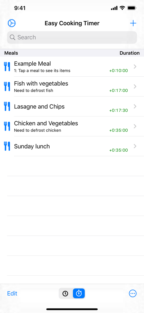 Easy Cooking Timer app interface showing a list of saved meals and their total cooking durations