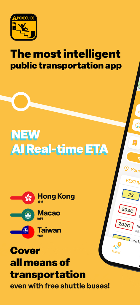 Pokeguide - Your transit guru! - Pokeguide app promotional screen showing AI real-time ETA and transit coverage for Hong Kong Macao and Taiwan