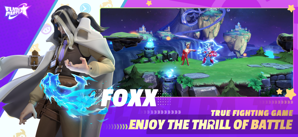 Flash Party - 青いエネルギー炎を持つFlash Partyのキャラクター「Foxx」と、背景に展開される対戦アクションのゲームプレイ