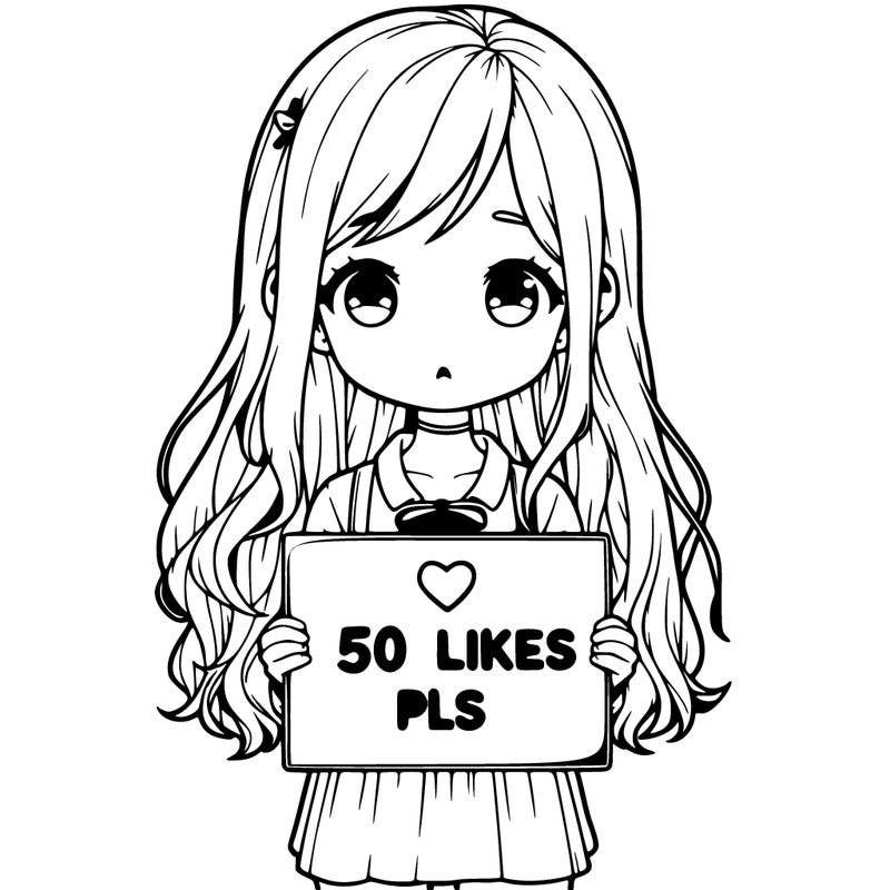 a realistic girlbwith her hair out sayingholding a sign saying" 50 likes pls "