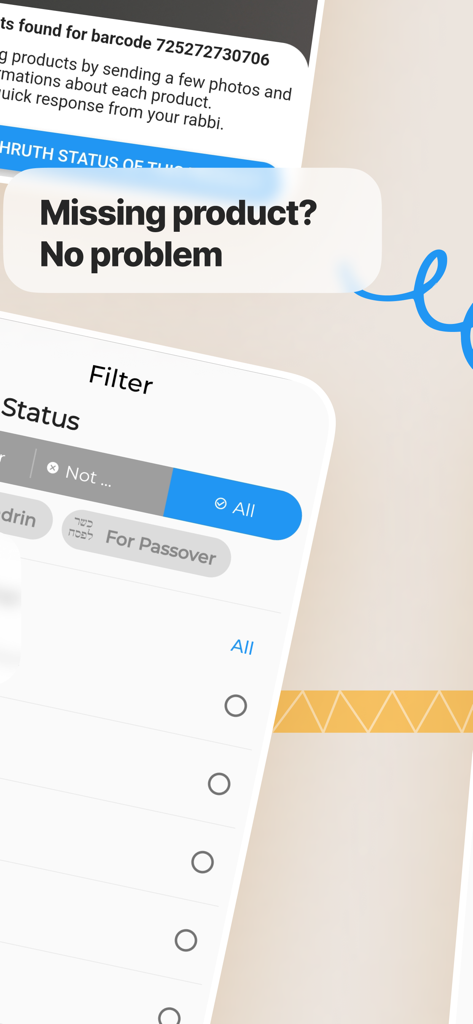 Tela do aplicativo KosherScan mostrando filtros para status do produto e opções para itens ausentes.