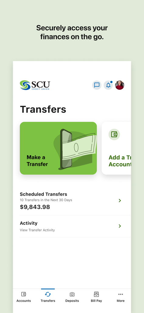 SCU Credit Union Online app transfers interface showing scheduled transfers and transaction activity