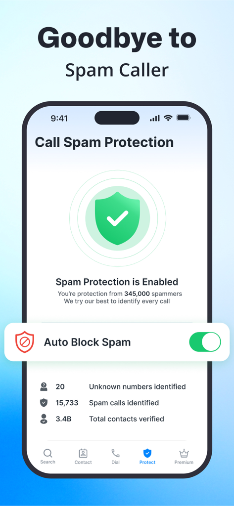 Interface of the Show Caller ID PRO app showing spam protection enabled with an auto block spam toggle.